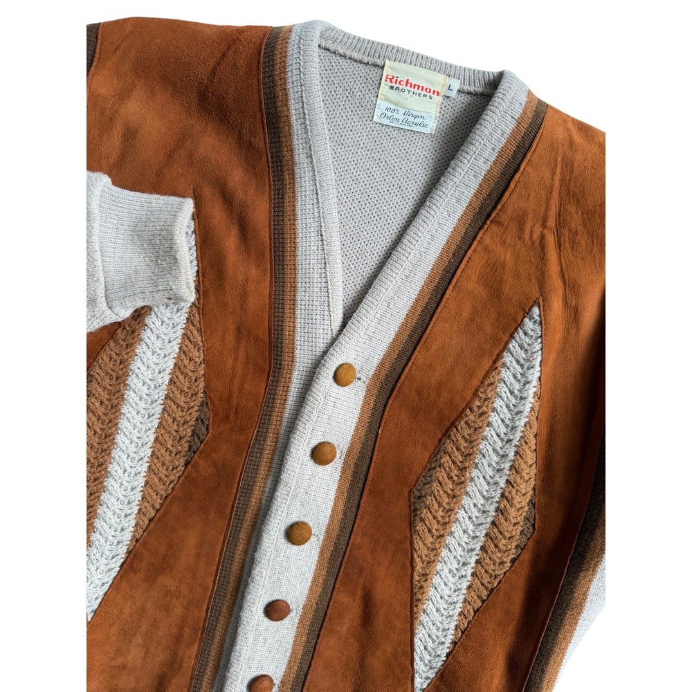 Vintage Richman Brothers Brown Tan Faux Suede Panel Cardigan Sweater Mens L